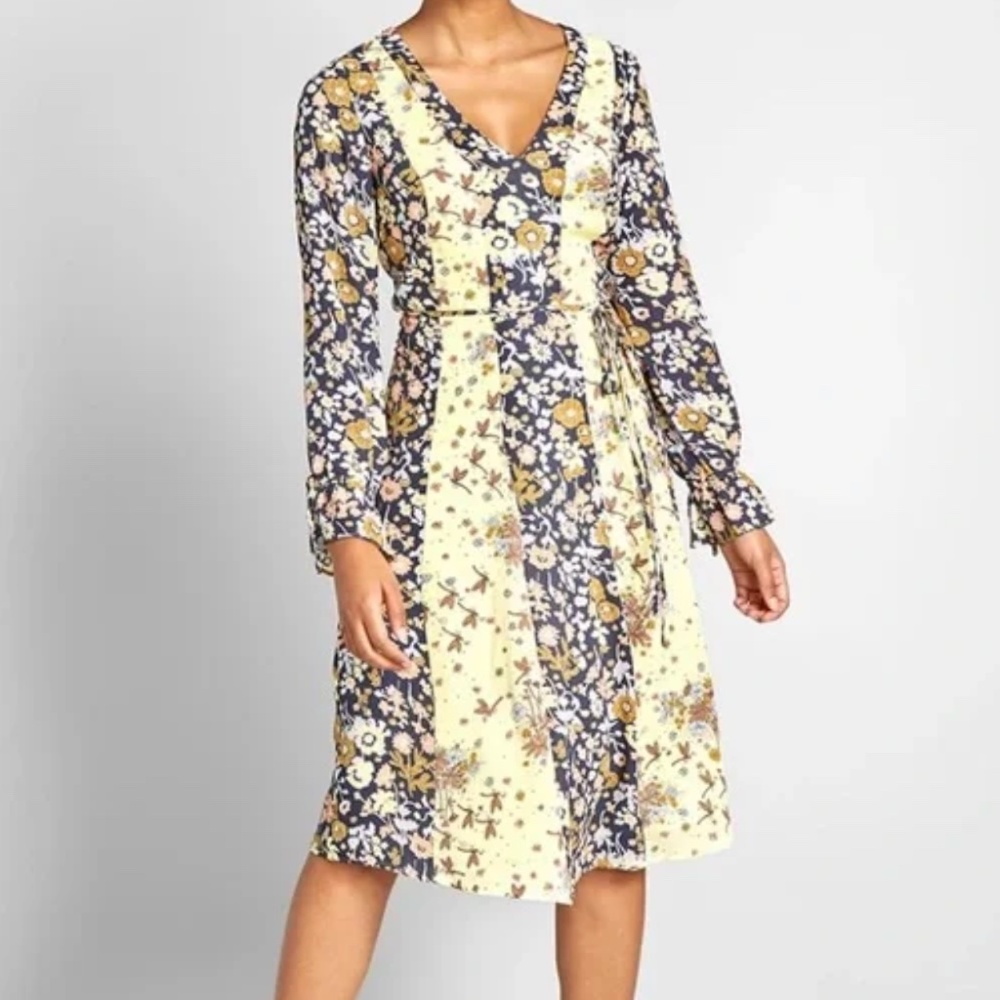 ModCloth Women's Unique Persona Yellow Print Long Sleeve Midi Dress SZ 10